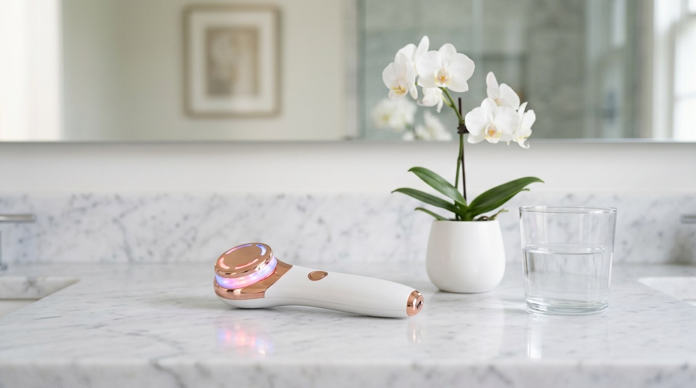 Sleek handheld LED facial device on a marble bathroom counter beside a white orchid
